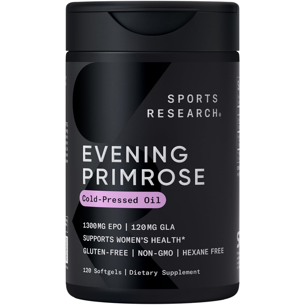 Sports Research Evening Primrose softgels bottle front view, high-potency daily support