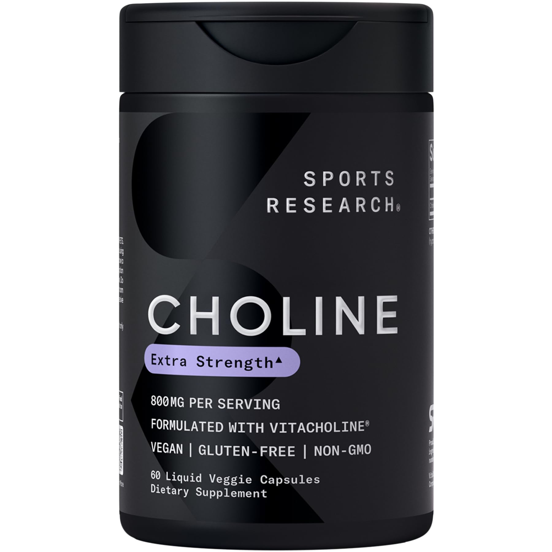 Sports Research Extra Strength Choline 800 mg bottle shown for focus support in daily use