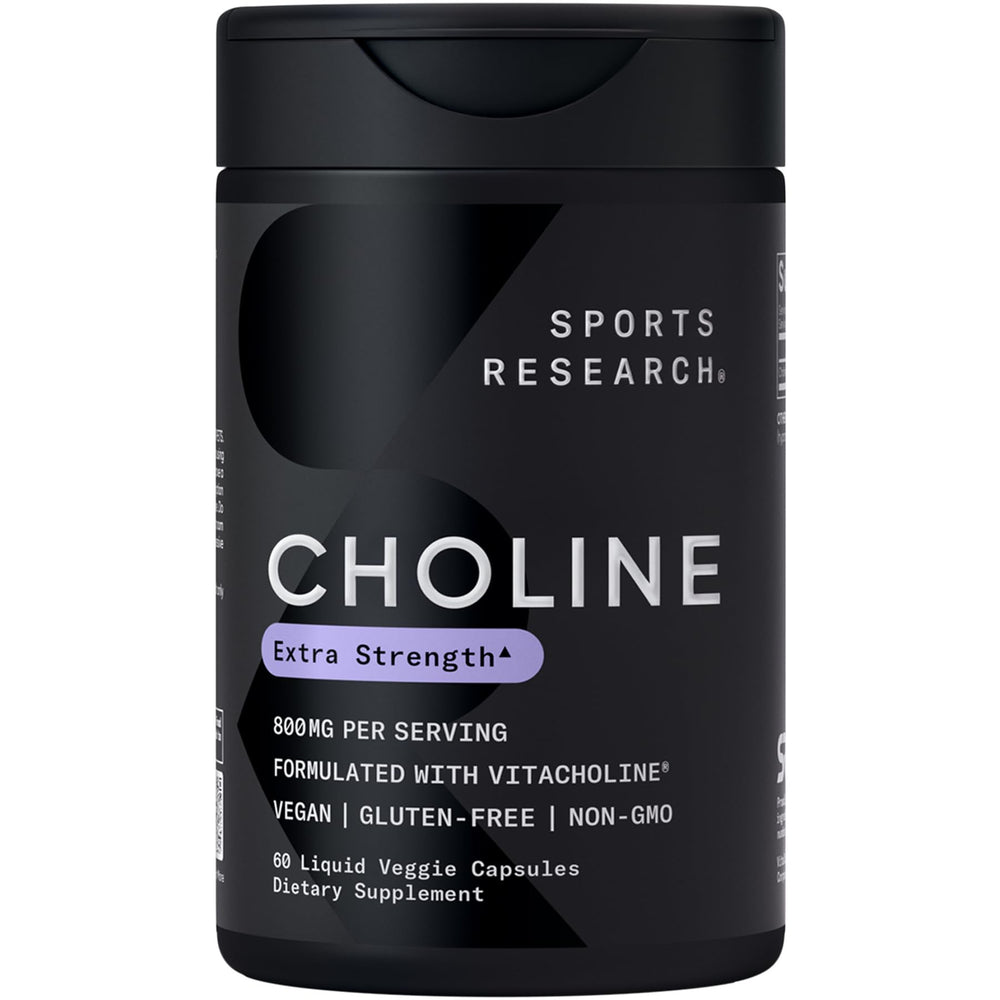 Sports Research Extra Strength Choline 800 mg bottle shown for focus support in daily use