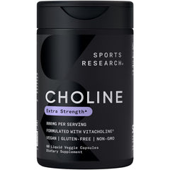 Sports Research Extra Strength Choline 800 mg bottle shown for focus support in daily use