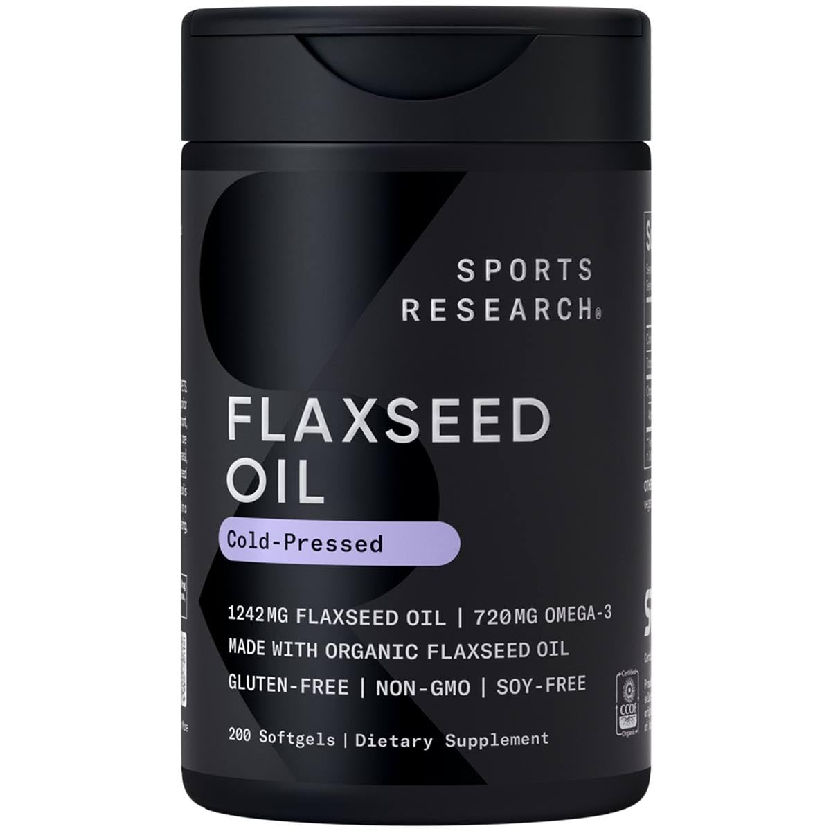 Sports Research flaxseed oil softgels bottle showing 1242 mg per capsule for daily omega-3 intake
