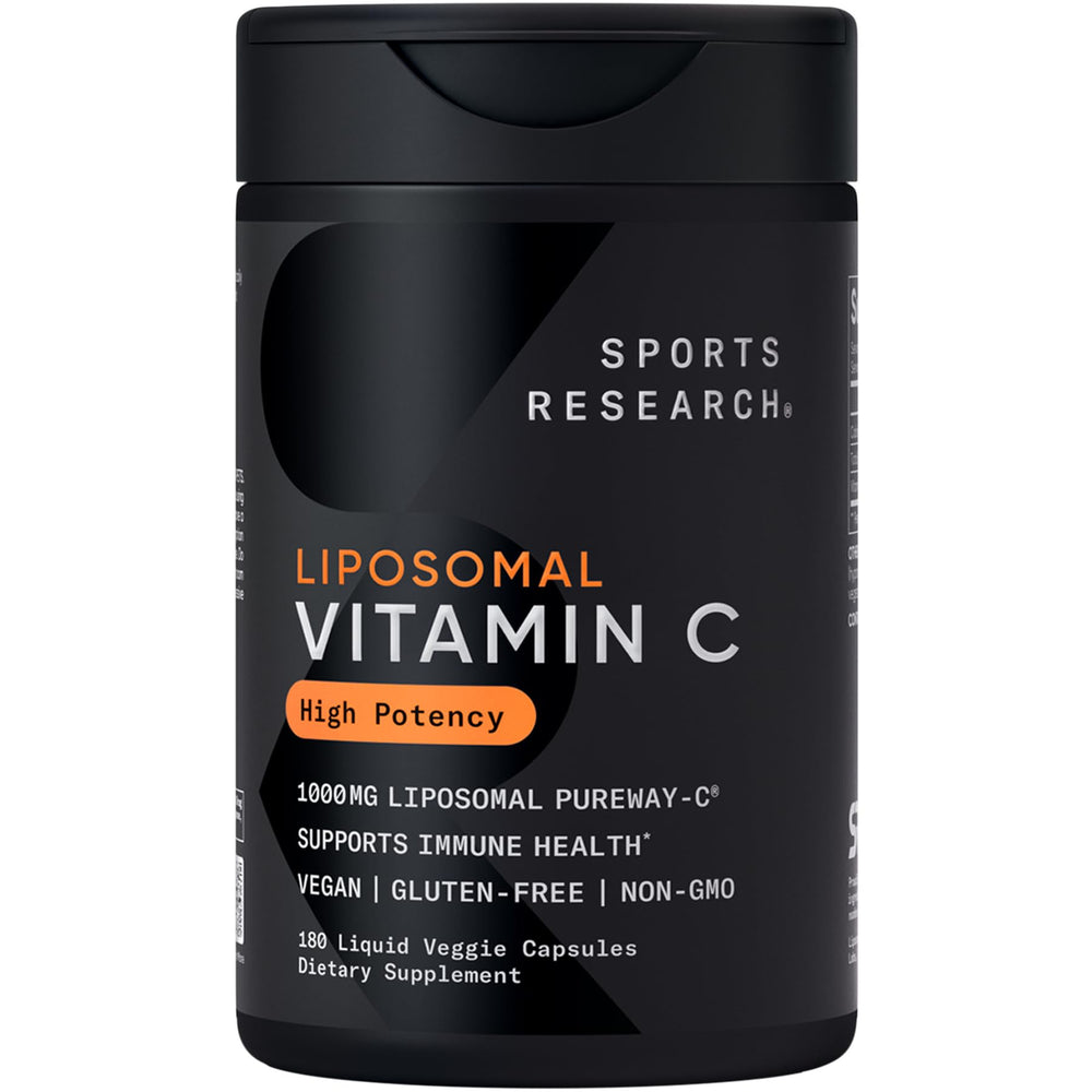 Sports Research liposomal Vitamin C bottle highlighting potency and vegan formula for daily antioxidant support