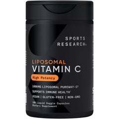 Sports Research liposomal Vitamin C bottle highlighting potency and vegan formula for daily antioxidant support