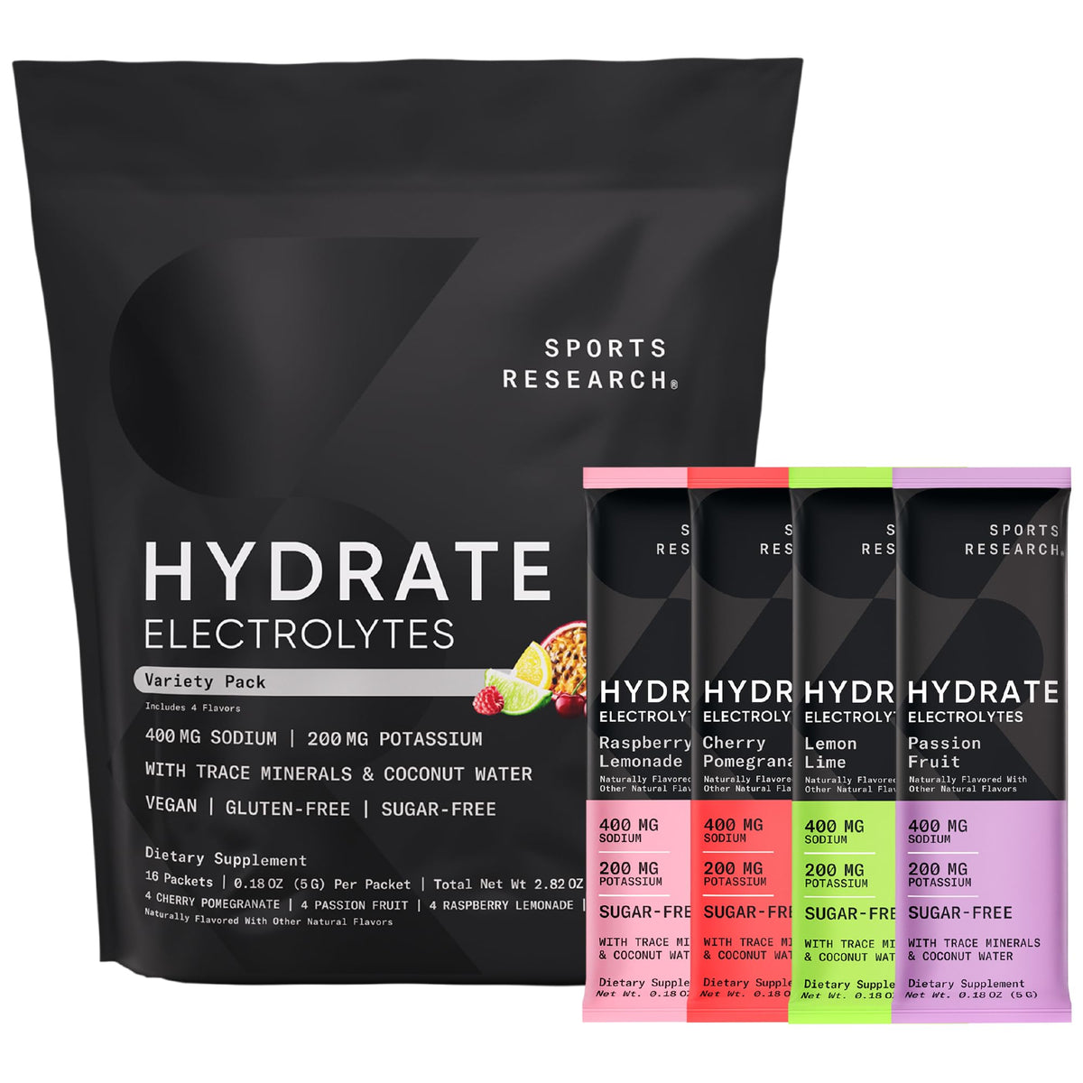 Sports Research Hydrate box front shows sugar-free, flavorful hydration options.