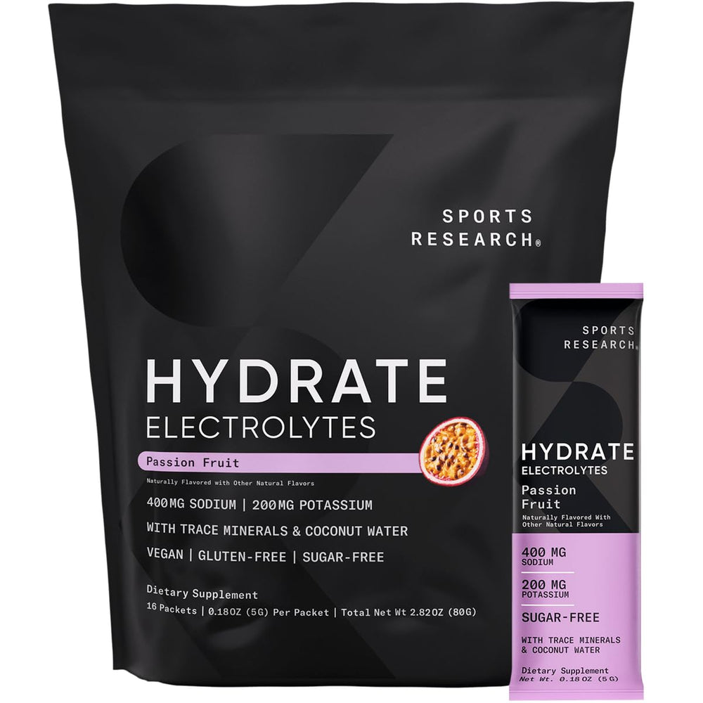 Sports Research Hydrate Passion Fruit stick pack for on-the-go hydration during workouts.