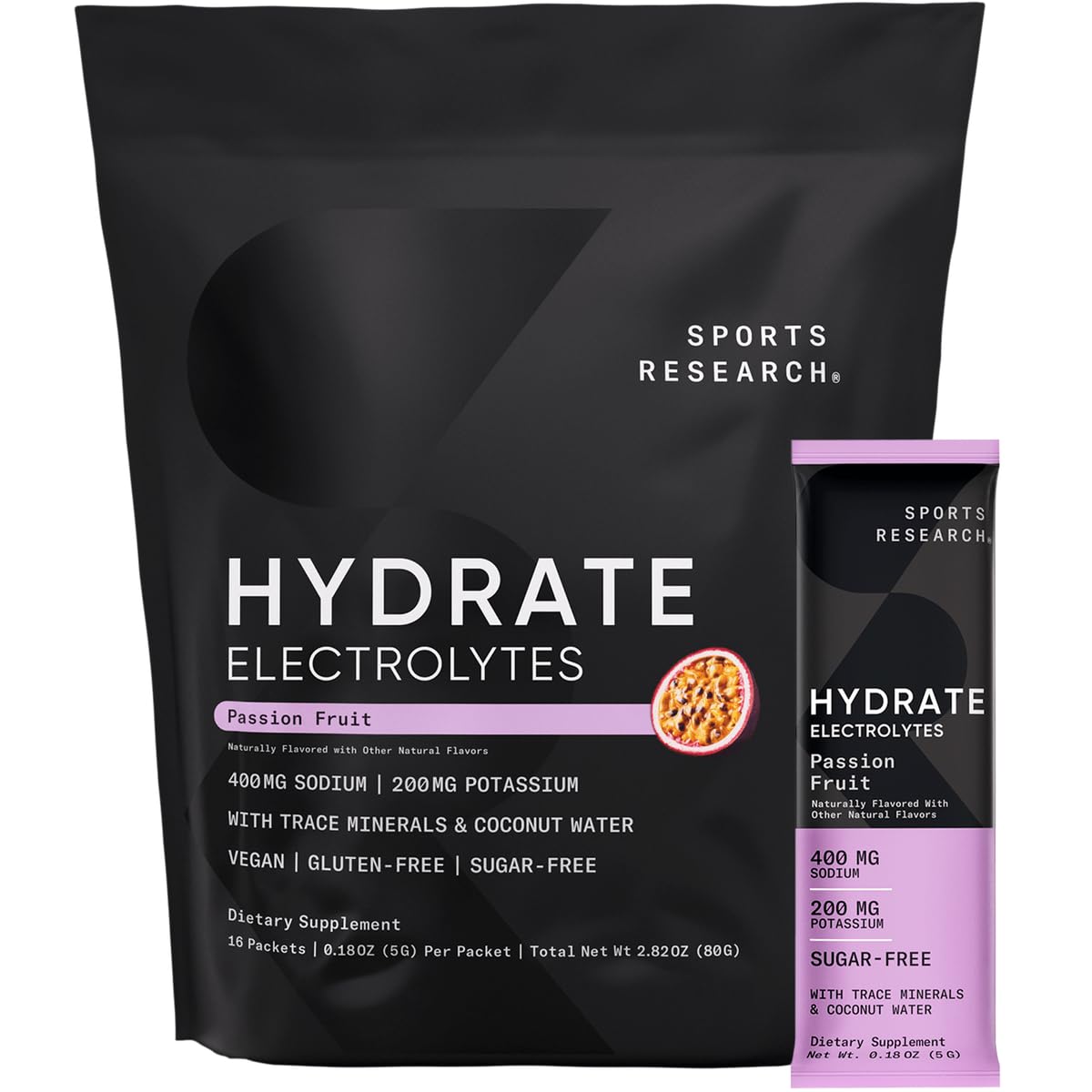 Sports Research Hydrate Passion Fruit stick pack for on-the-go hydration during workouts.