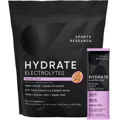 Sports Research Hydrate Passion Fruit stick pack for on-the-go hydration during workouts.