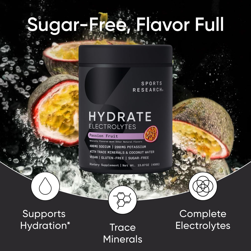 Sports Research Hydrate powder Lemon Lime bottle pour demonstrates on-the-go electrolyte balance.
