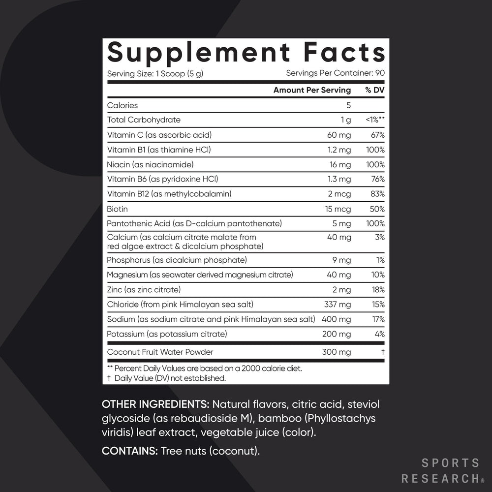 Sports Research Hydrate powder scoop dissolving in water suggests quick hydration.