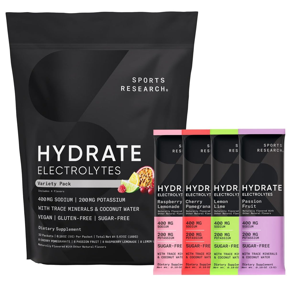 Sports Research Hydrate Raspberry Lemonade packet for on-the-go hydration.