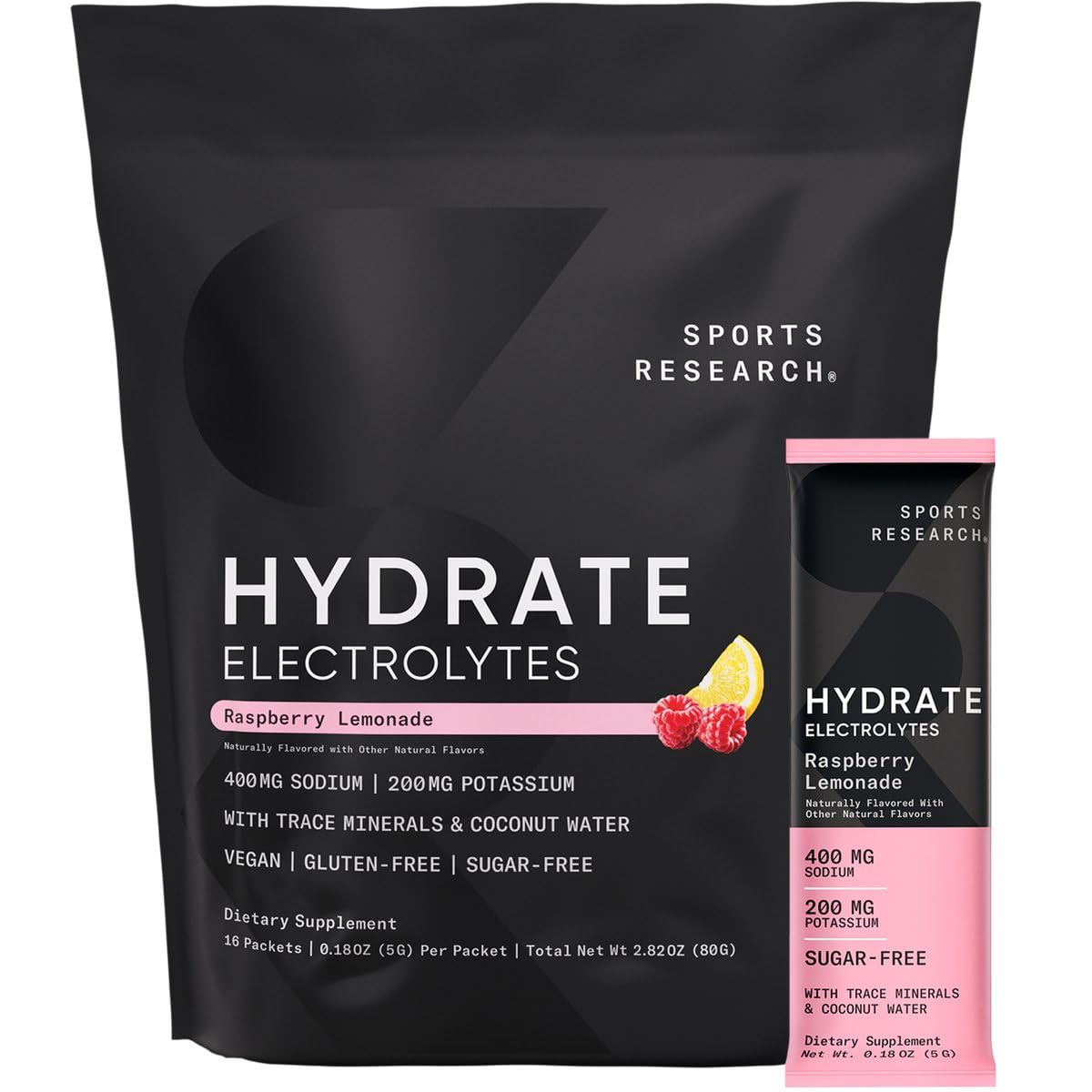 Sports Research Hydrate Raspberry Lemonade packet ready to mix for on the go hydration