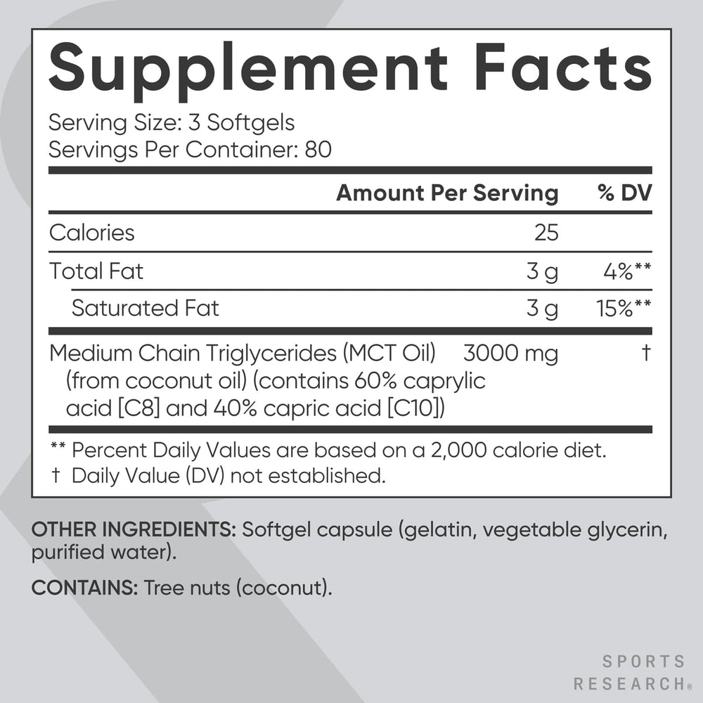 Sports Research IGEN non-GMO tested MCT softgels with gluten-free formula.