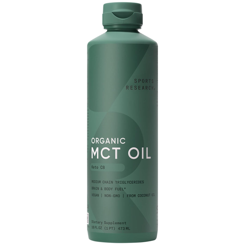Sports Research Keto MCT Oil bottle highlighting unflavored, single-ingredient MCT for quick energy
