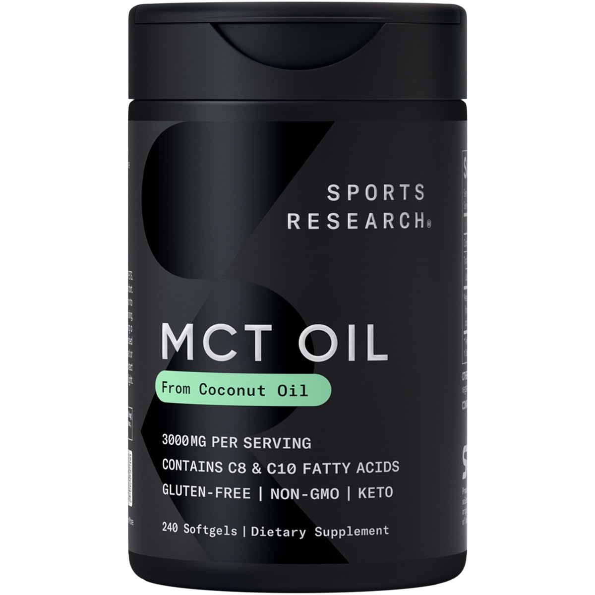 Sports Research keto MCT softgels bottle with 1000 mg Caprylic-Capric blend for sustained energy.
