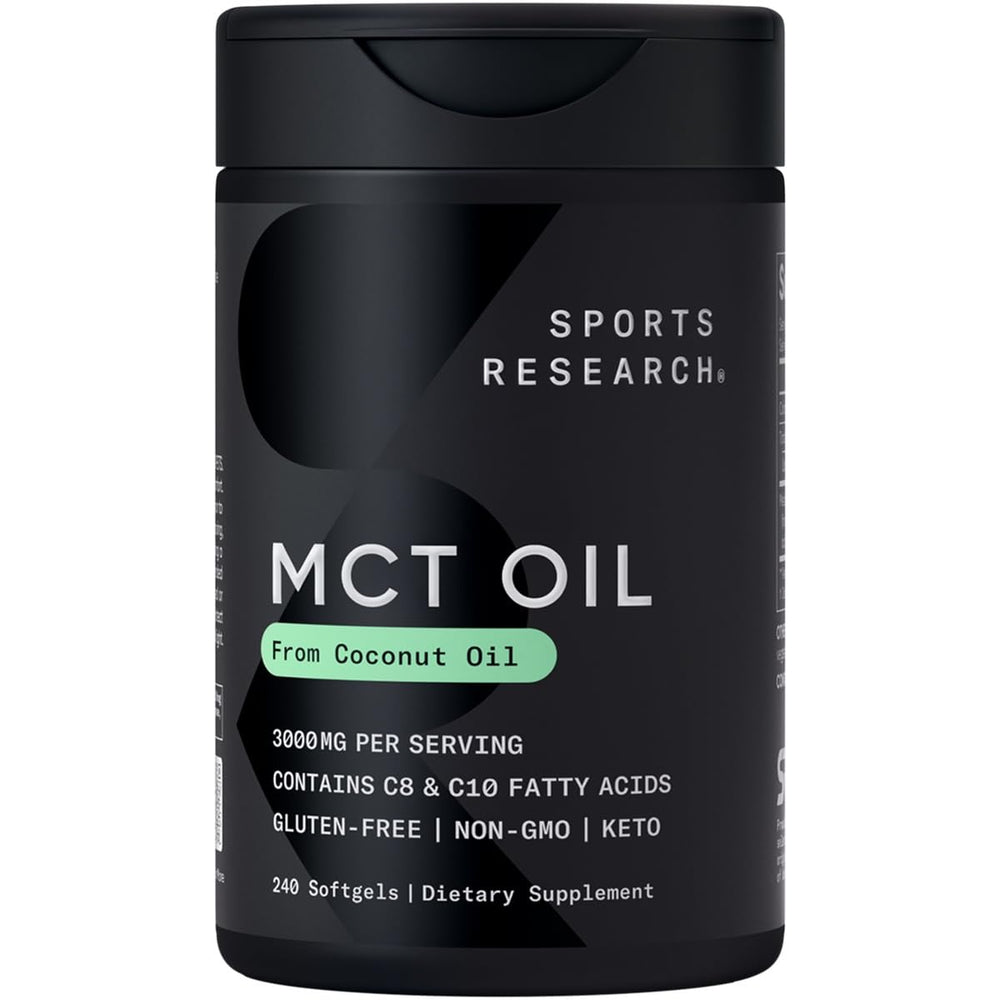 Sports Research keto MCT softgels bottle with 1000 mg Caprylic-Capric blend for sustained energy.