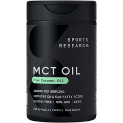 Sports Research keto MCT softgels bottle with 1000 mg Caprylic-Capric blend for sustained energy.