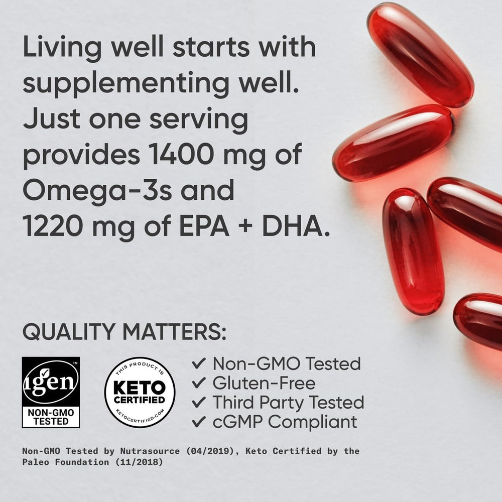 Sports Research Keto Omega softgels close-up shows easy-to-swallow capsules