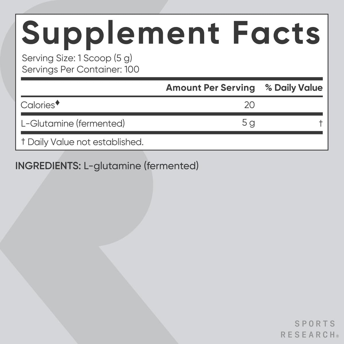 Sports Research L-Glutamine bottle on kitchen counter for daily use.