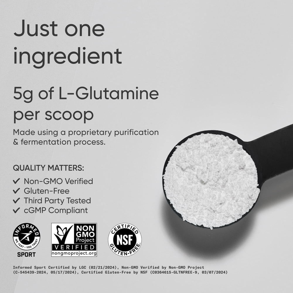 Closeup of Sports Research L-Glutamine powder texture for easy mixing