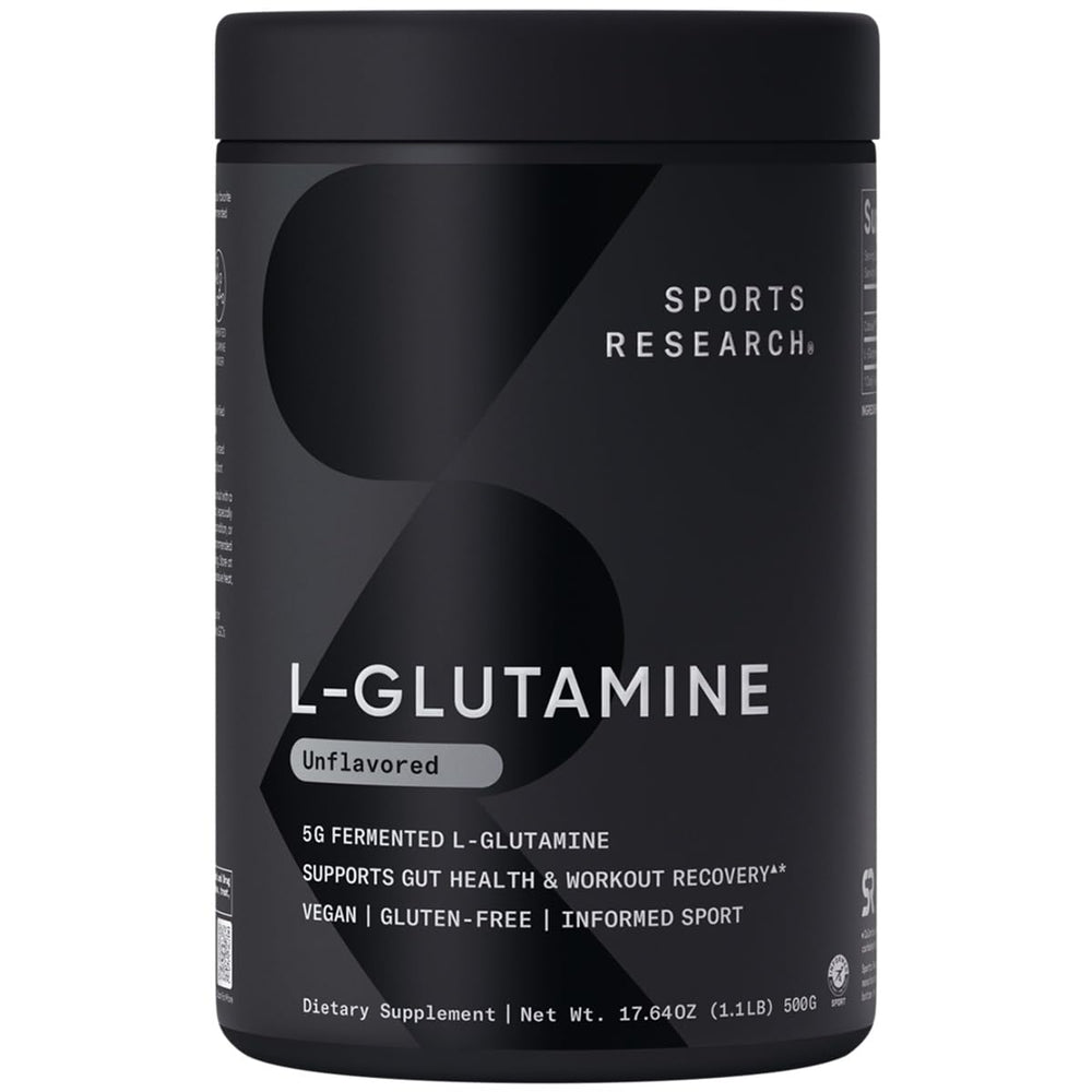 Sports Research L-Glutamine powder jar for post-workout routine and recovery ideas.