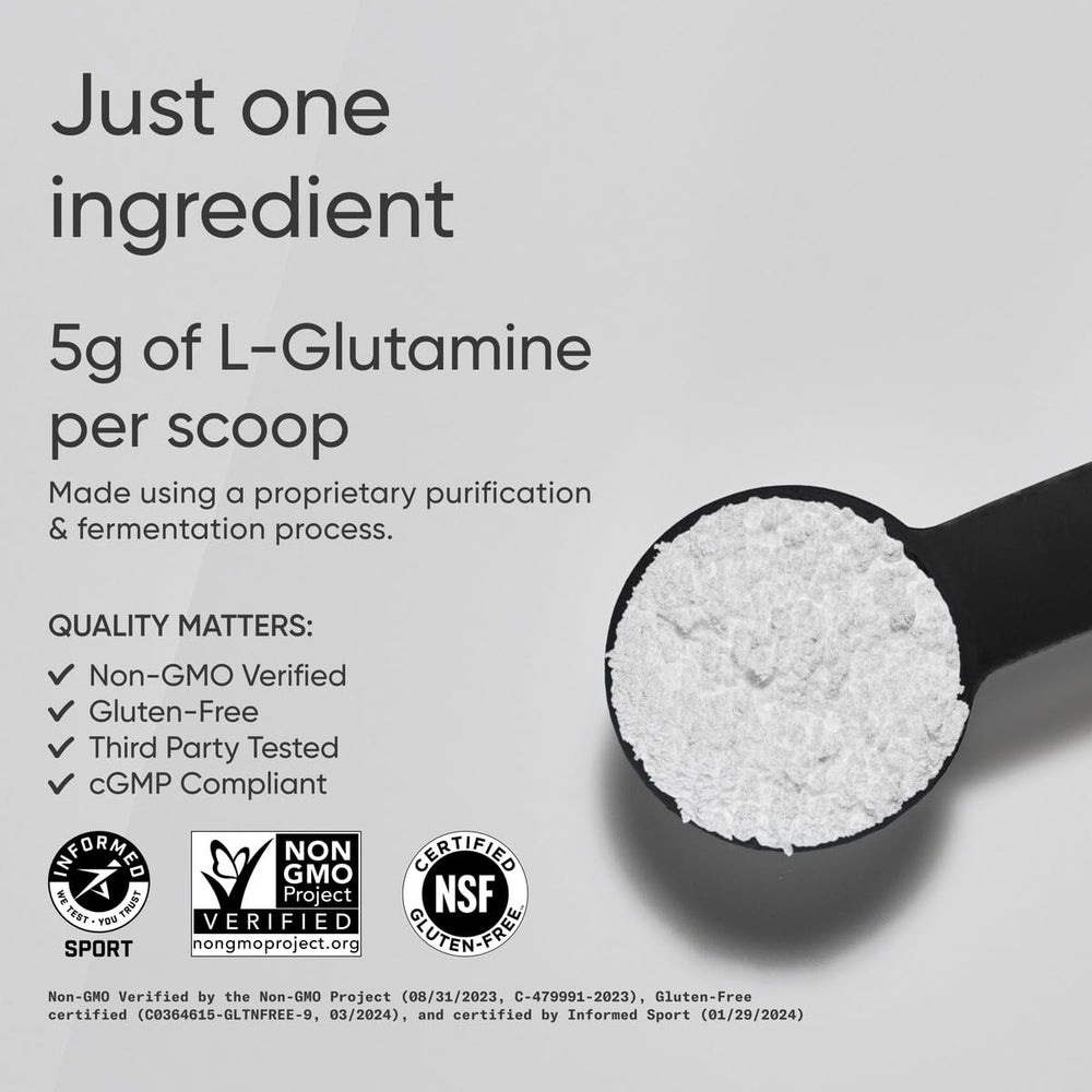 Sports Research L-Glutamine scoop ready to mix into a beverage after training.