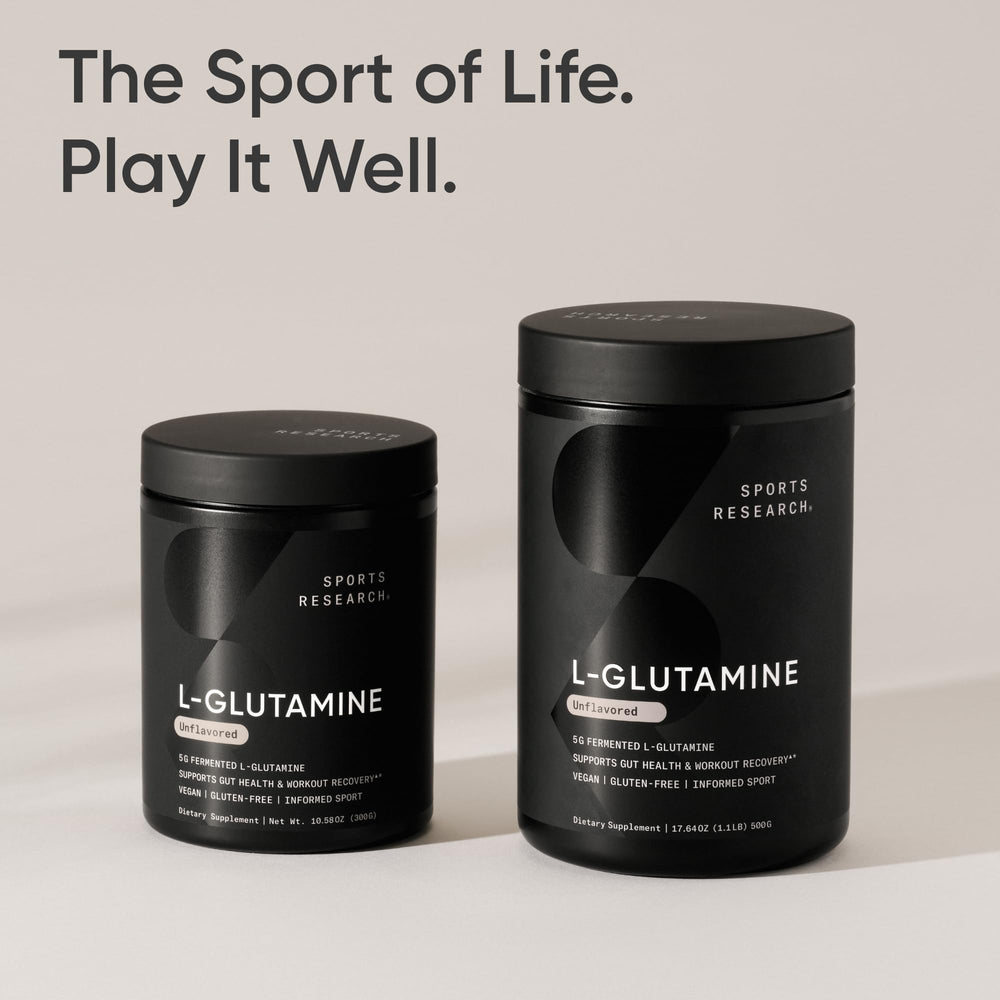 USA-made Sports Research L-Glutamine packaging highlighting quality