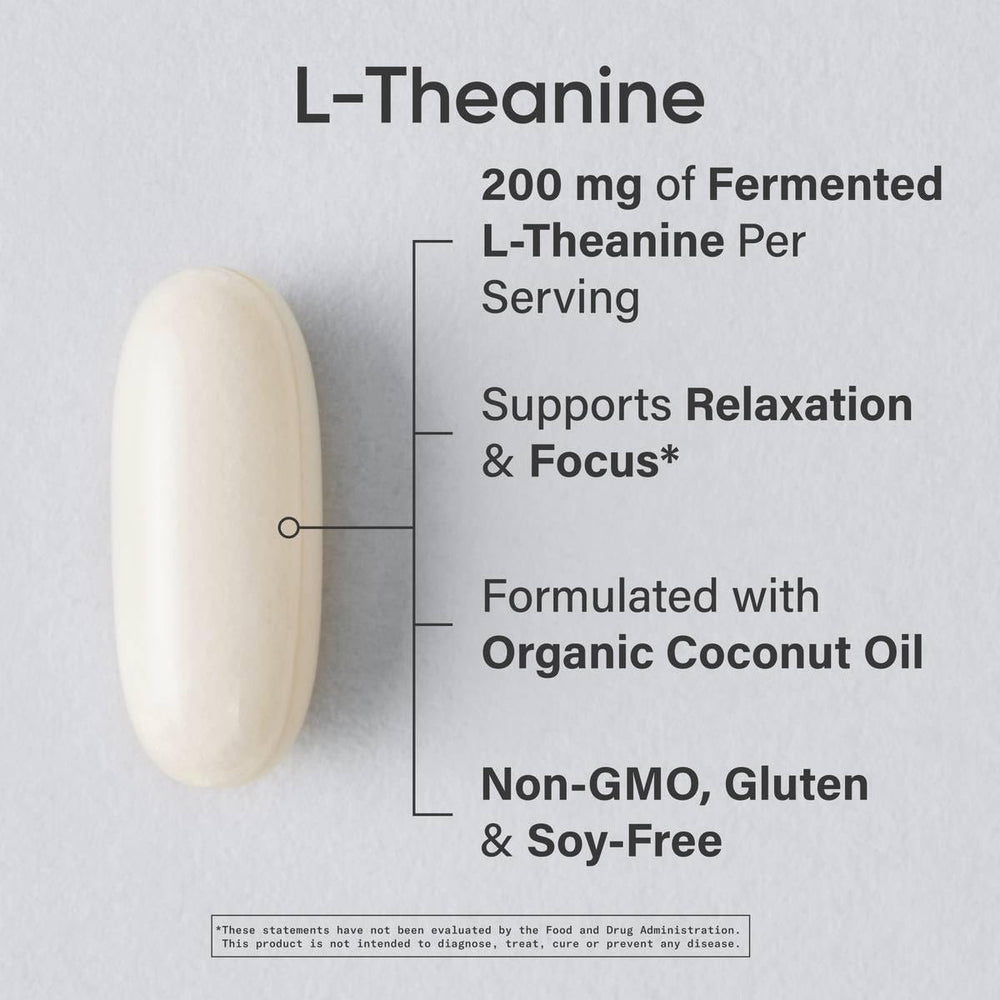 Sports Research L-Theanine softgels close-up showing a 200 mg dose for daily use.