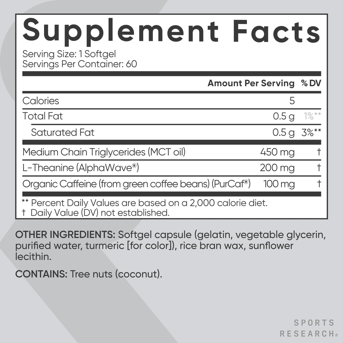 Sports Research softgels with coconut MCT oil for convenient energy.