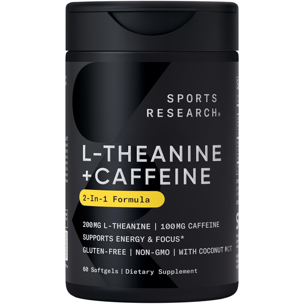 Sports Research L-Theanine and Caffeine softgel bottle supports focused energy.