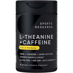 Sports Research L-Theanine and Caffeine softgel bottle supports focused energy.