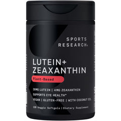 Sports Research lutein-zeaxanthin softgels in bottle for daily eye support.