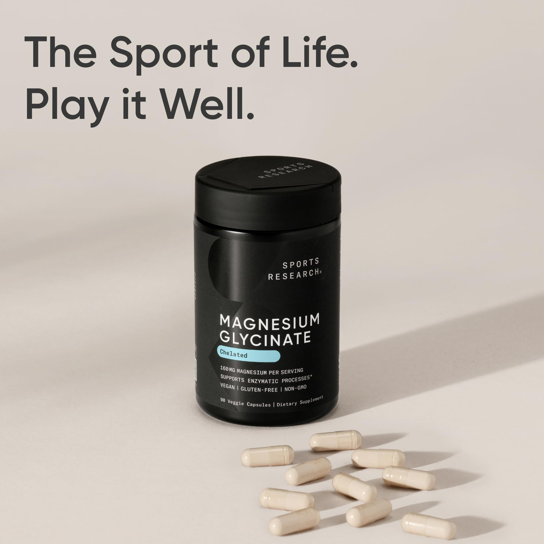 Sports Research magnesium glycinate bottle branded as USA-made in cGMP facilities.