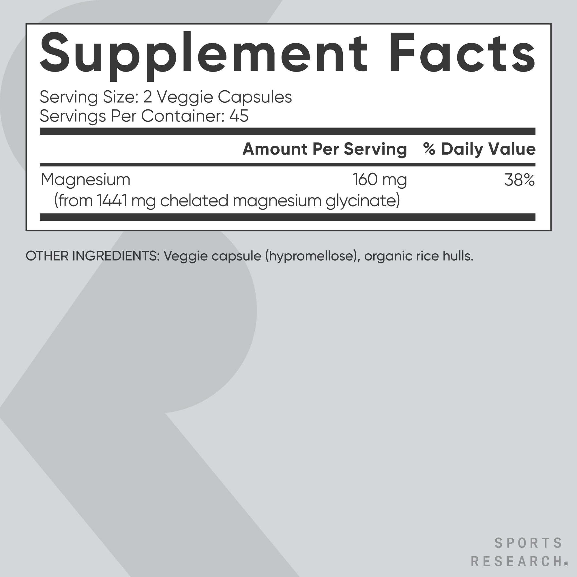 Sports Research Magnesium Glycinate vegan capsules displayed with clean, allergen-friendly promise.