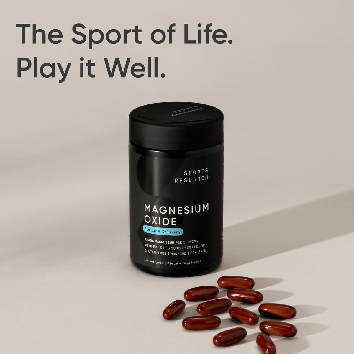 Sports Research Magnesium Oxide serving image shows one softgel for convenient daily use.