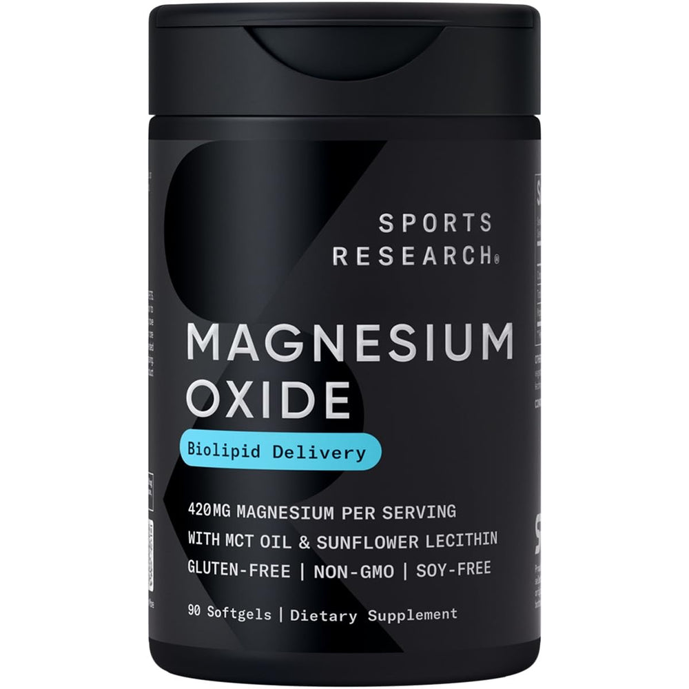 Sports Research Magnesium Oxide softgel bottle for daily mineral support.