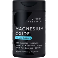 Sports Research Magnesium Oxide softgel bottle for daily mineral support.