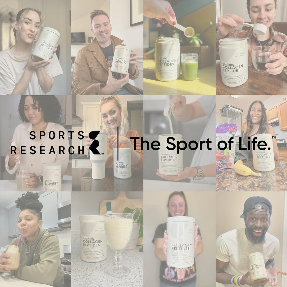 Clear bottle close-up of Sports Research Marine Collagen with clean label.