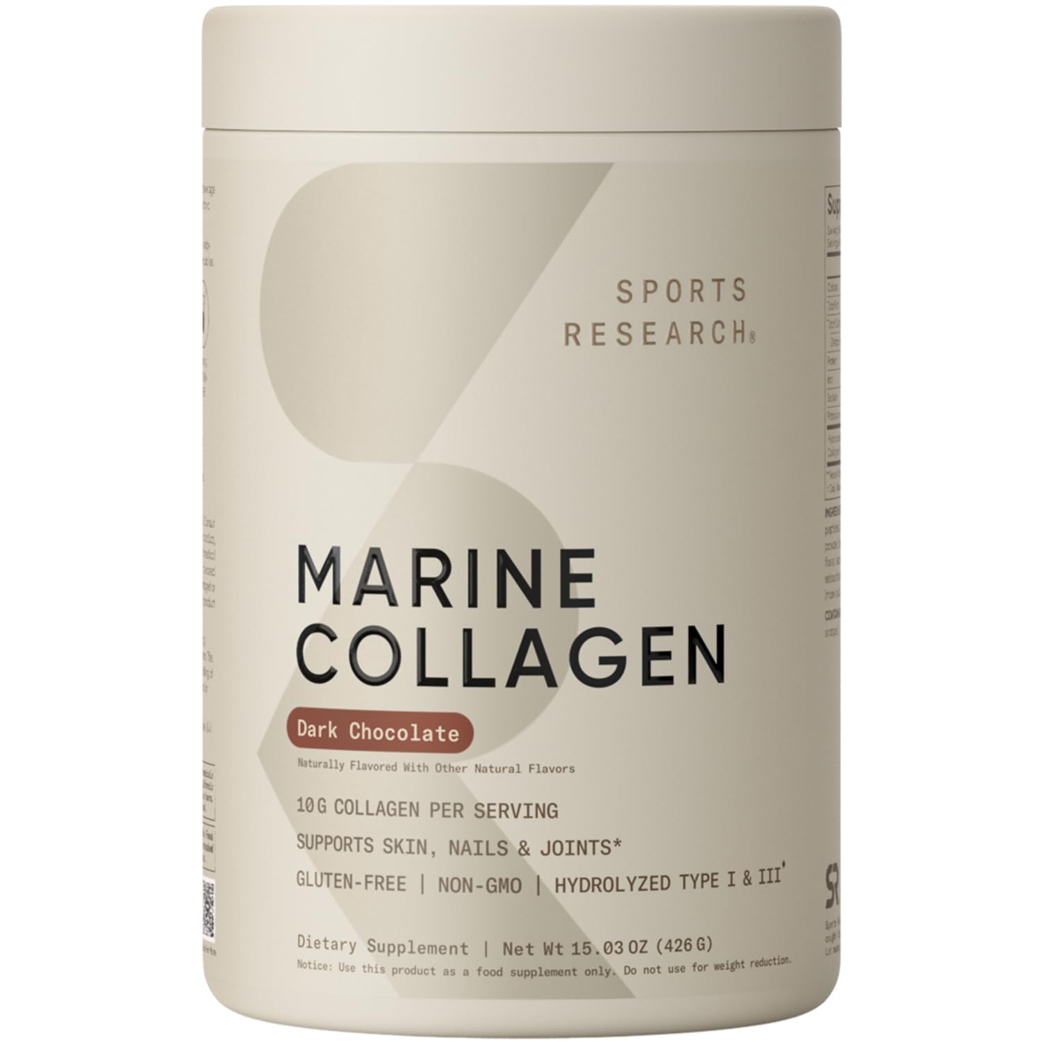 Sports Research Marine Collagen in dark chocolate powder with velvety texture for daily beauty benefits.