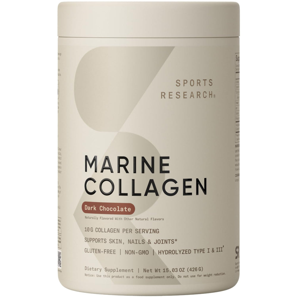 Sports Research Marine Collagen in dark chocolate powder with velvety texture for daily beauty benefits.