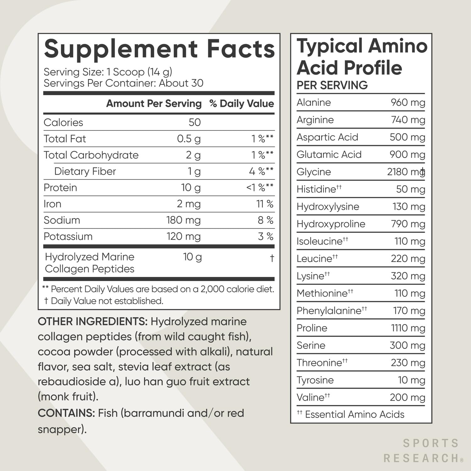 Label highlights non-GMO, gluten-free, and third-party testing for Sports Research collagen.