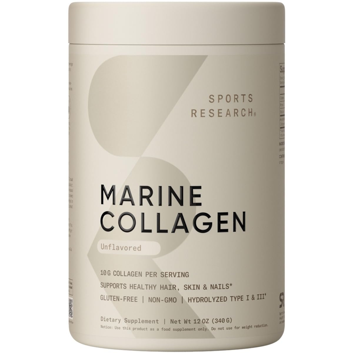 Sports Research Marine Collagen Powder tub front showing 34 servings for daily support
