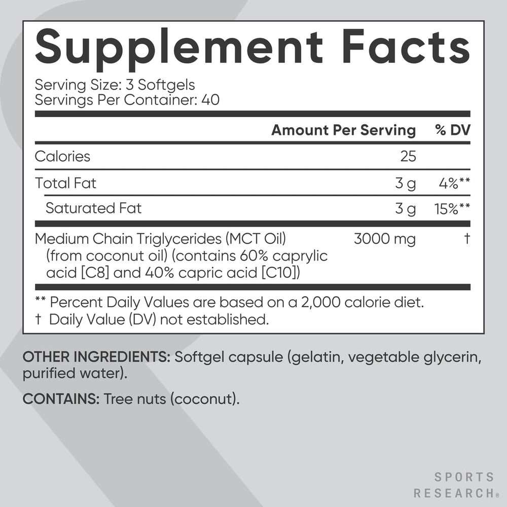 Sports Research MCT Oil Capsules capsules in hand illustrating convenient daily dosage.