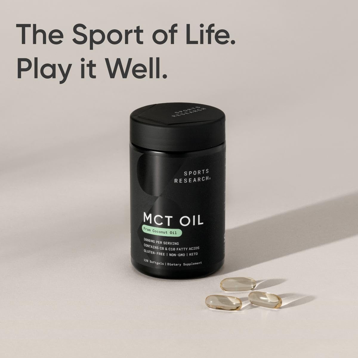 Sports Research MCT Oil Capsules travel pack on airplane tray highlighting on-the-go use.