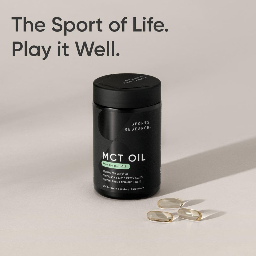 Sports Research MCT Oil Capsules travel pack on airplane tray highlighting on-the-go use.