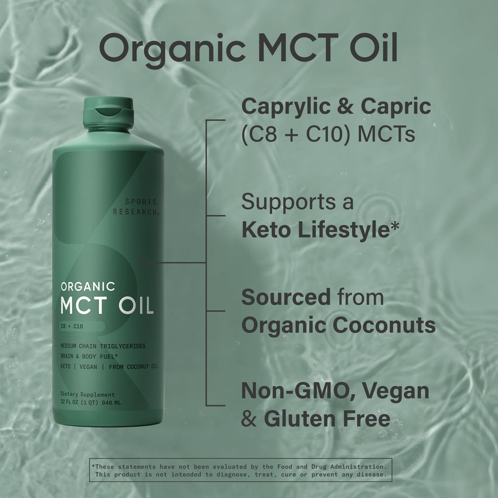 Sports Research Organic MCT Oil label closeup highlighting USDA Organic.