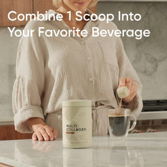 Sports Research chocolate collagen powder being stirred into a smoothie