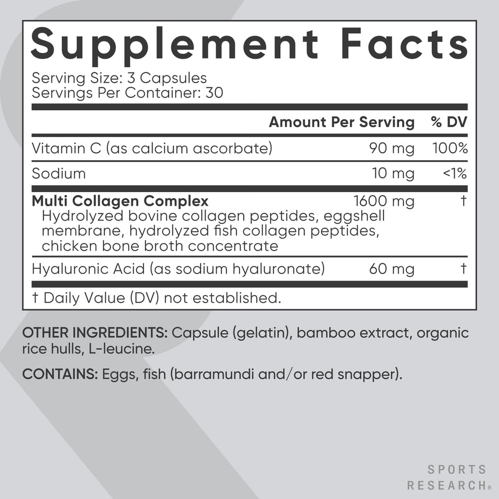Sports Research hyaluronic acid and collagen visuals highlight skin and joints.