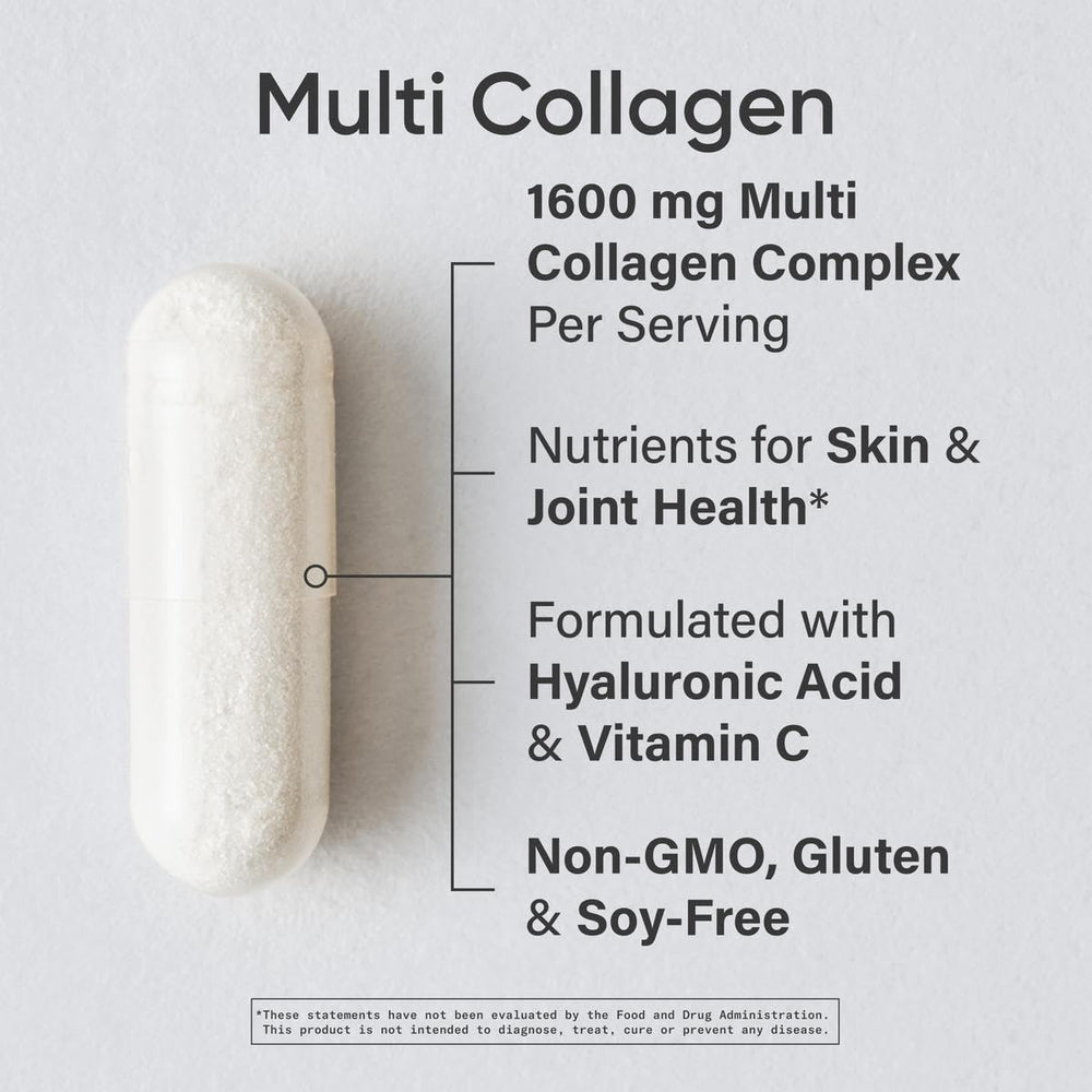 Sports Research multi collagen capsules beside packaging: convenient daily capsule format.