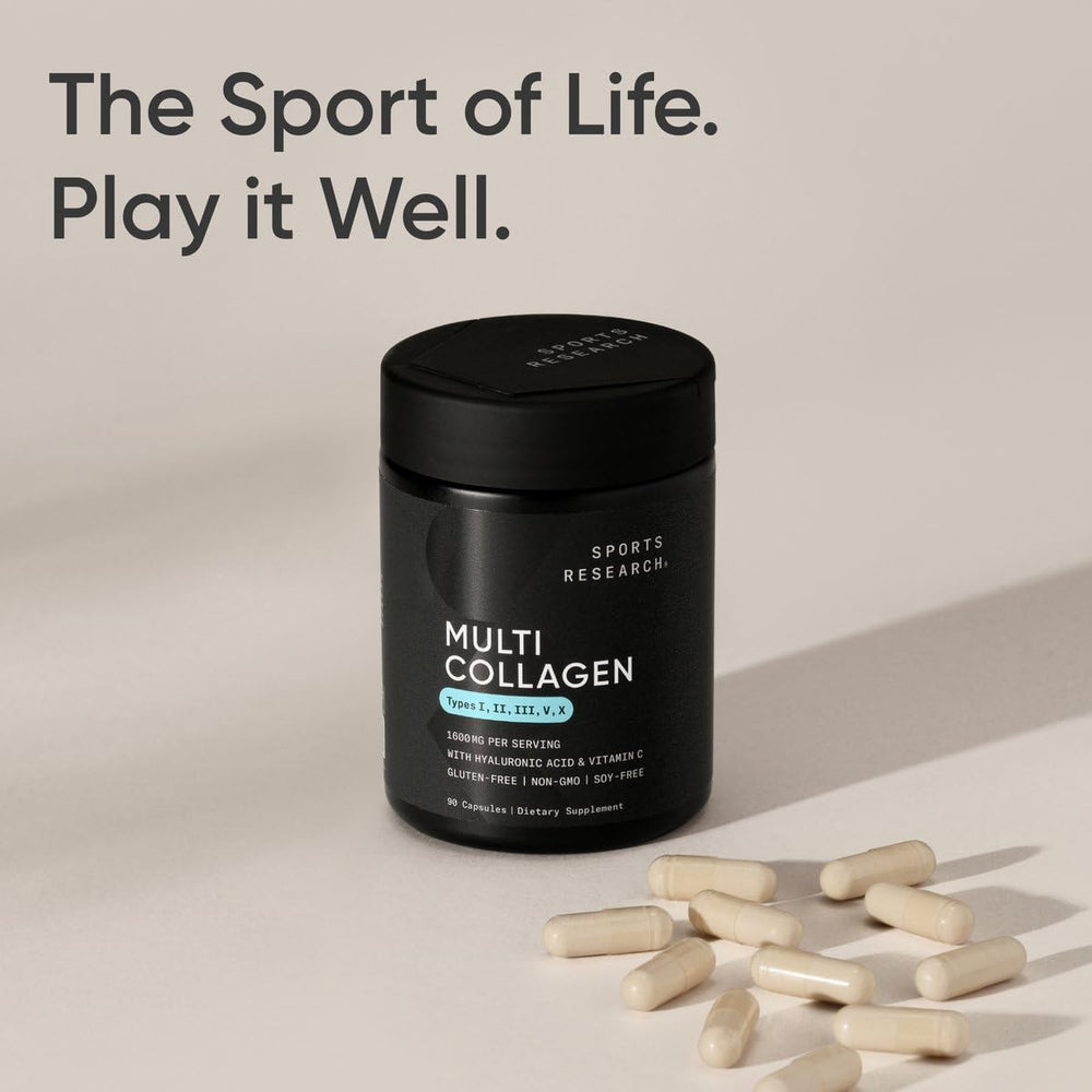 Sports Research ingredients collage shows collagen sources: bovine, fish, chicken, eggshell.