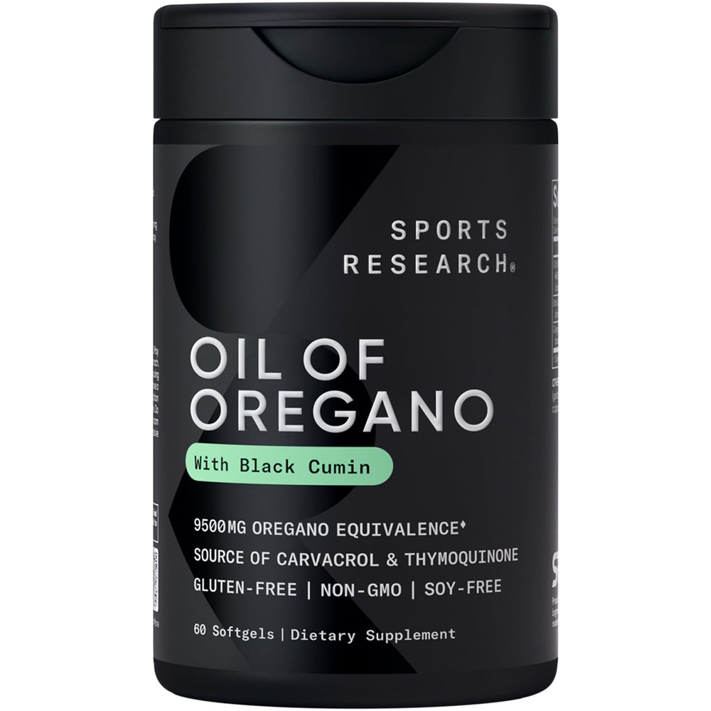 Sports Research Oil of Oregano 9500mg bottle closeup highlighting antioxidant blend for daily wellness